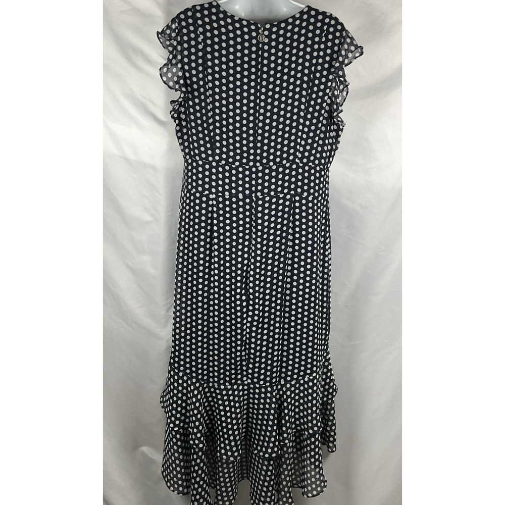 TOMMY HILFIGER Women's Size 14 Navy & White Polka Dot Chiffon High Low Dress - Picture 2 of 15